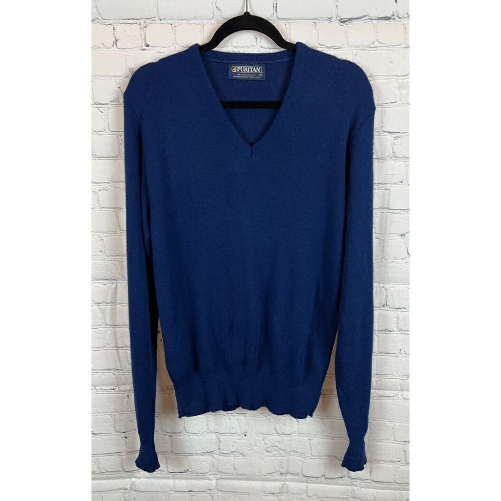 PURITAN vintage 100% orlon acrylic blue knit V-neck mens sweater pullover XL